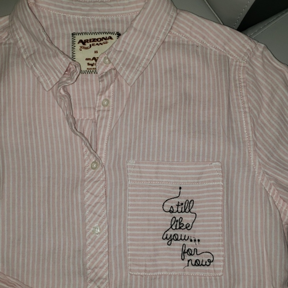 Women Pink Stripe Long Sleeve Oxford Button Up Top
